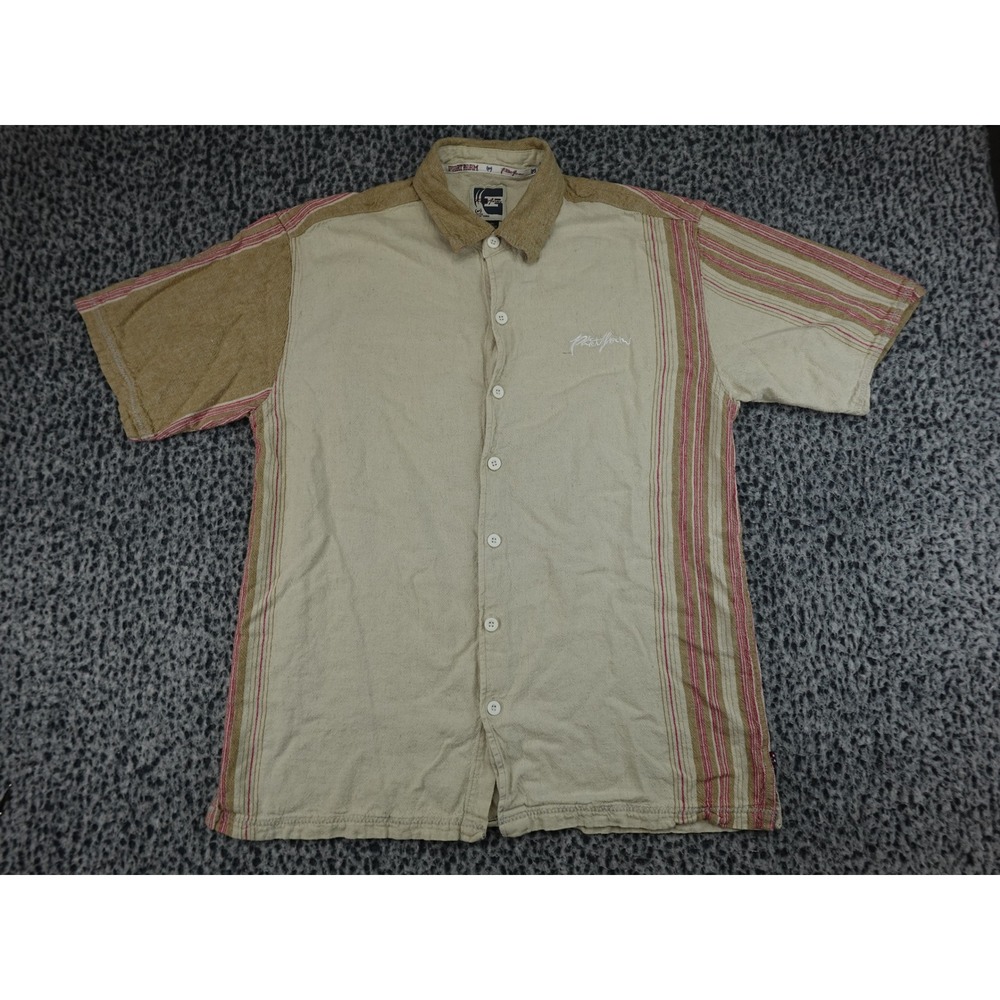 Phat Farm Button Down Shirt Mens XL Beige Striped Linen Blend Streetwear 12007